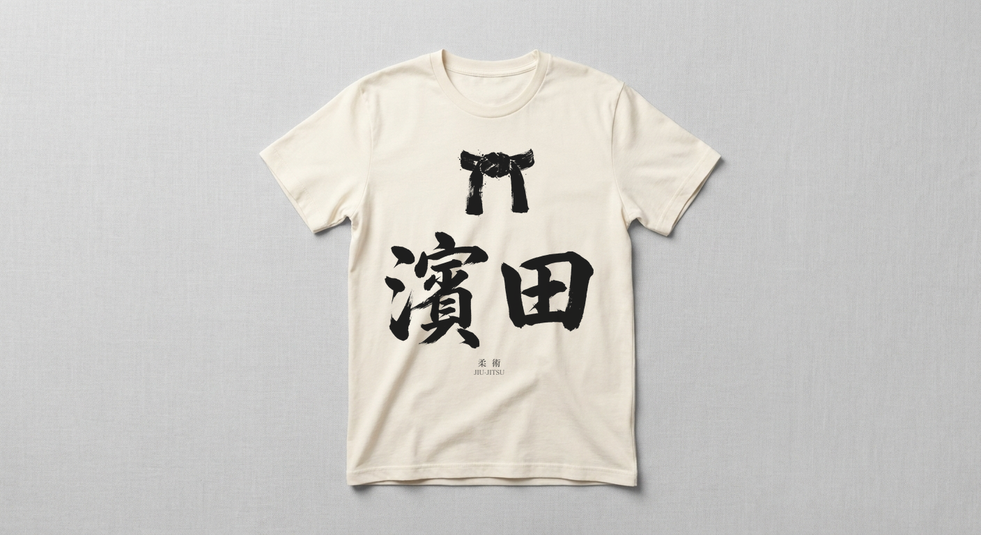 墨書「濱田」と、結び直した柔術帯。今朝のスパーも、ブラジルの道場の一本も、同じ重み。白T×墨黒インク。柔術 / JIU-JITSU。