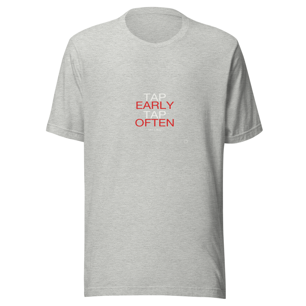MU × BJJ #01 · TEE HEATHER · TAP EARLY