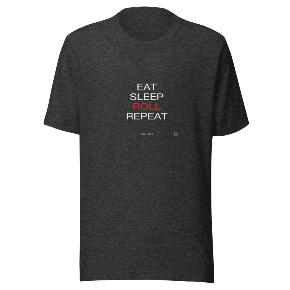 MU × BJJ #04 · TEE DARK HEATHER · EAT SLEEP ROLL