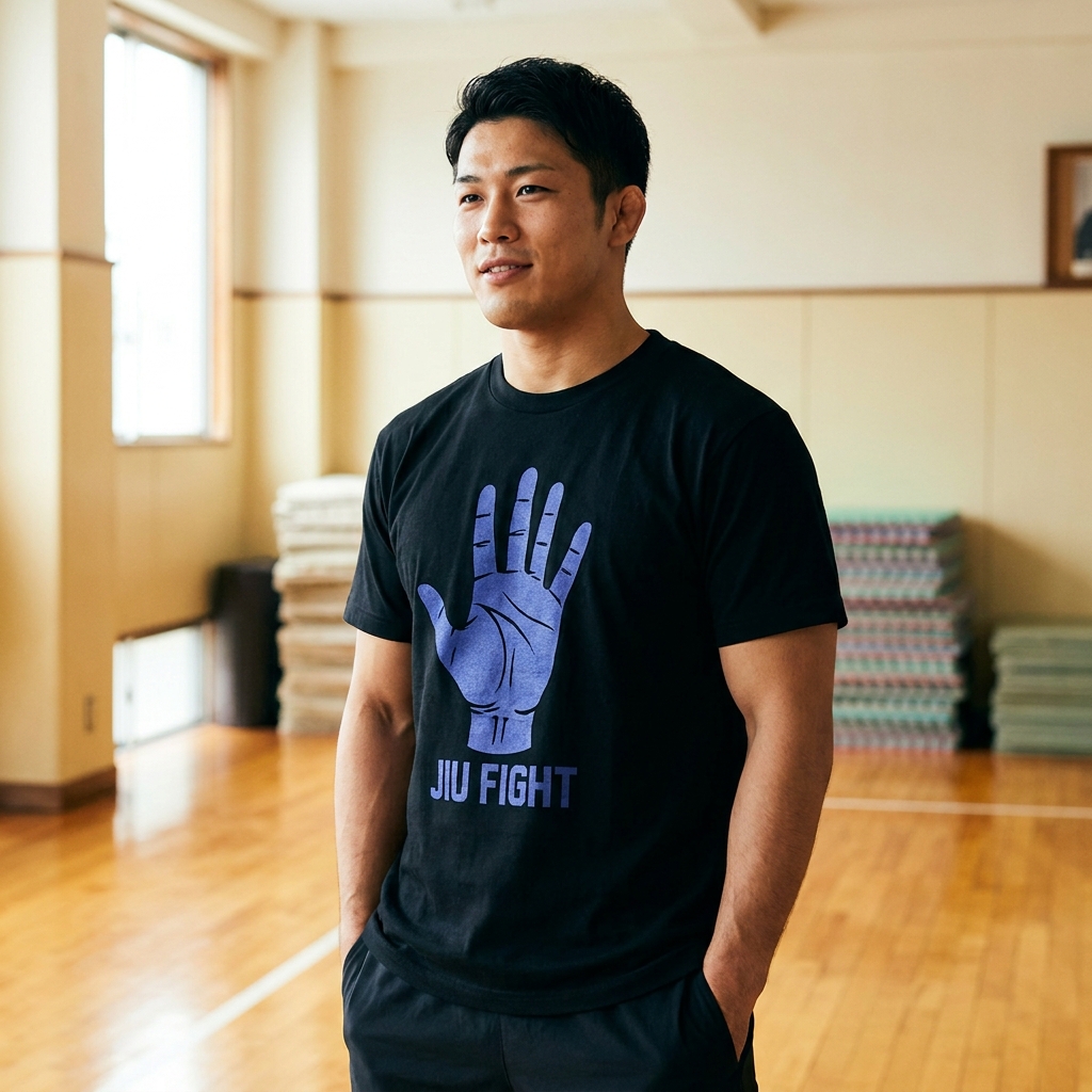 ブラジリアン 柔術 選手 が 道場 で MU の Tシャツ を 着てる