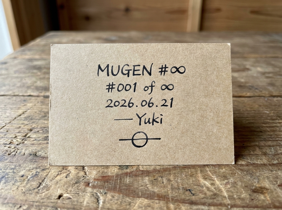 Yuki handwritten note: MUGEN #∞ #001 of ∞ 2026.06.21