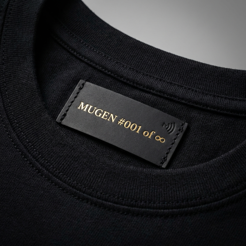 Black leather neck label with gold foil MUGEN #001 of ∞ + NFC tag