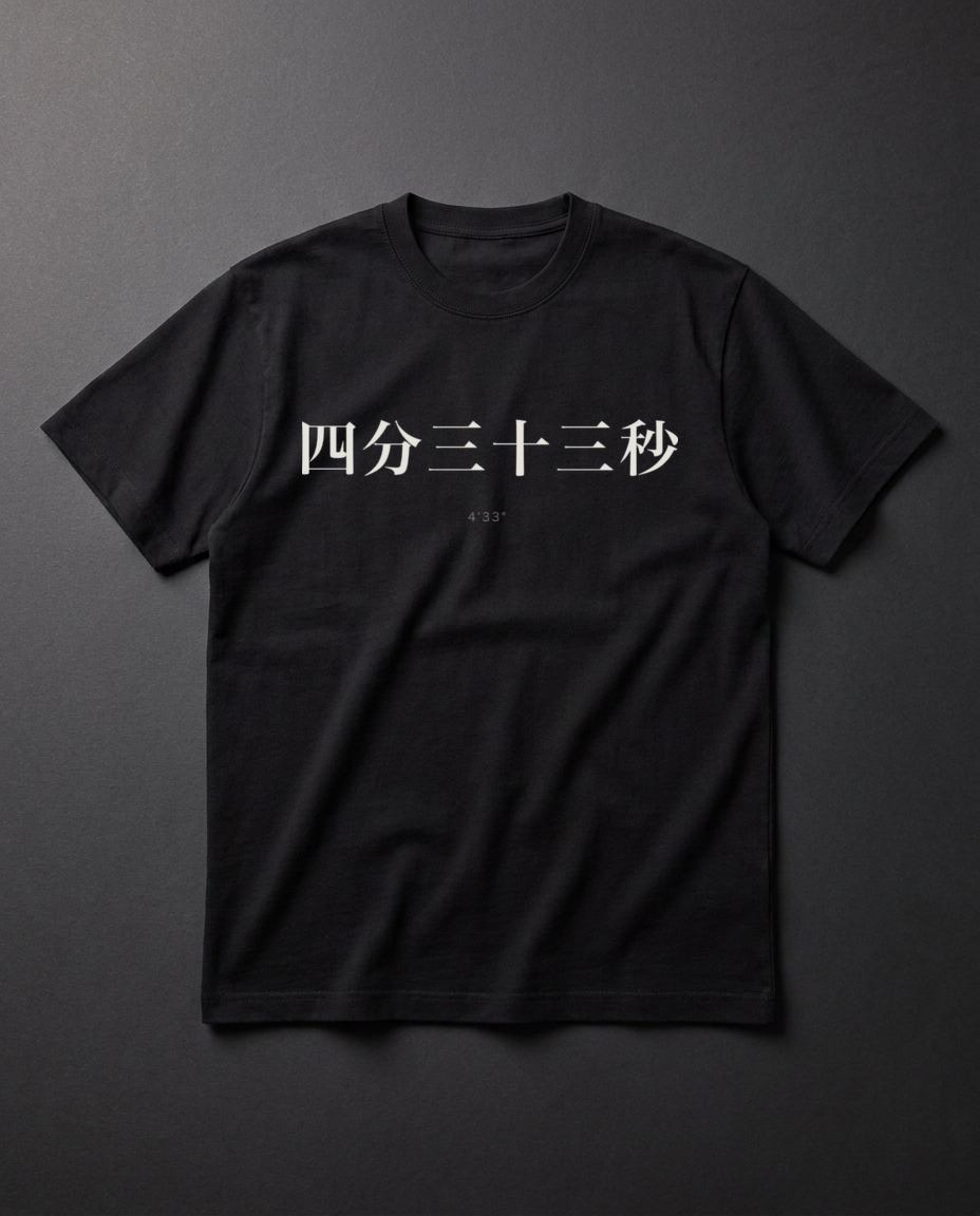 四分三十三秒 · 黒T Bella+Canvas 3001 (M) · DTG · 4'33″ · ♪ mu.koe.live/?s=cage