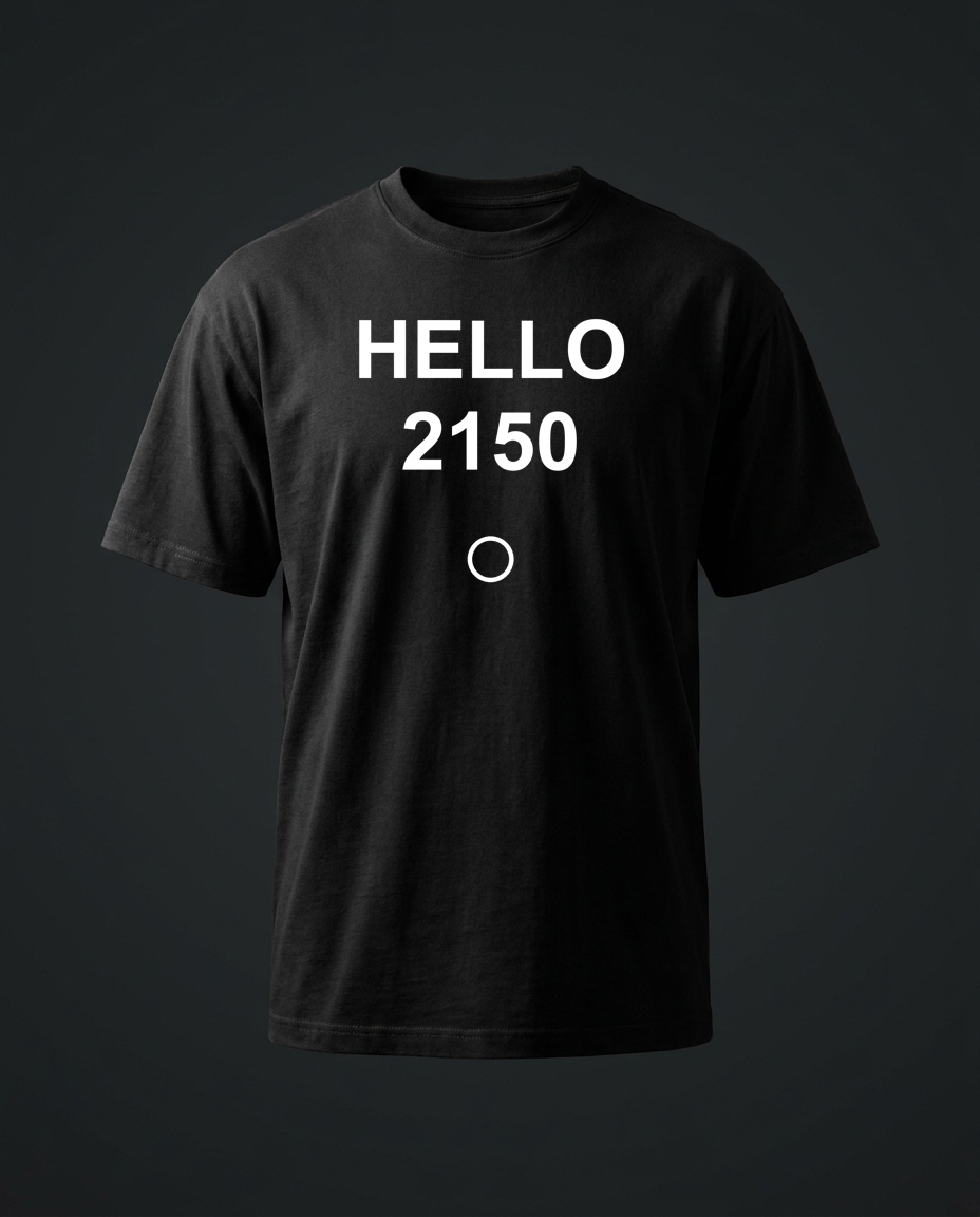 HELLO 2150 ・未来派シンセ/SF · 黒T Bella+Canvas 3001 (M) · DTG · 🎵 着ると鳴る mu.koe.live/oto.html?s=hello-2150